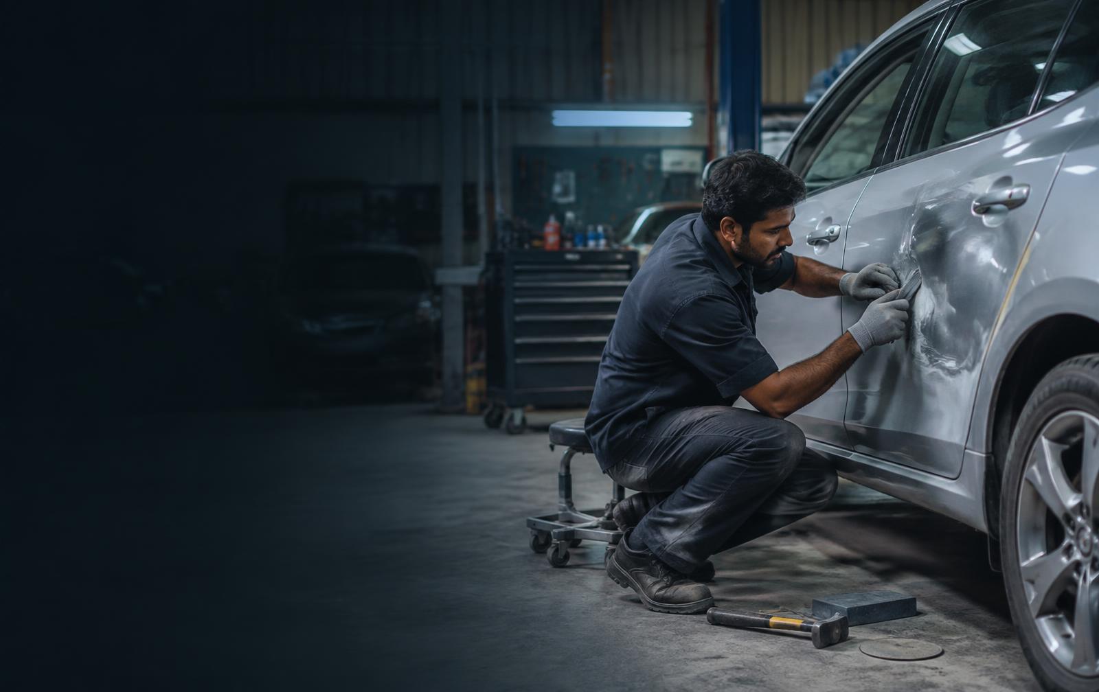 Technician repairing a dent on a silver car